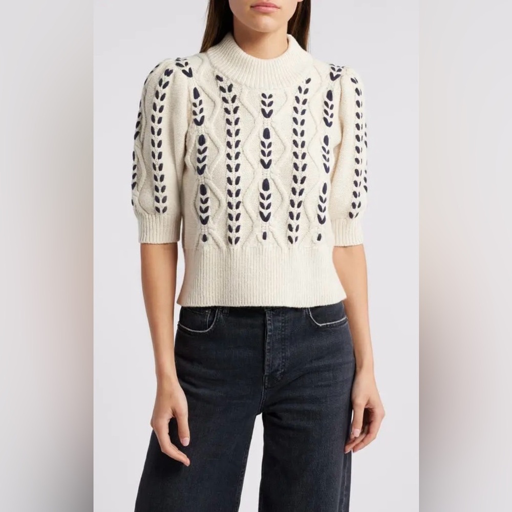 Rails Addy oatmeal navy cables knit short puff sleeve sweater sz medium m